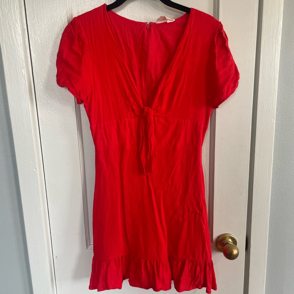 Red Mini Dress with Ruffle Bottom and Tie Front